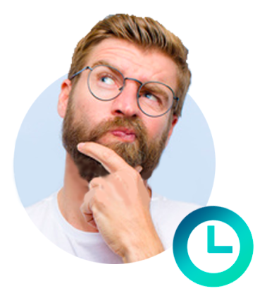 Photo d'un homme avec expression interrogative et pictogramme horloge en bas